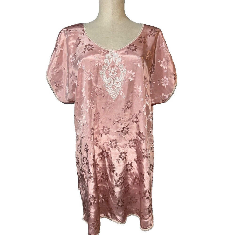Sleep Solutions Women’s Satin Lace Embroidered Retro Nightgown size L Cap Sleeve